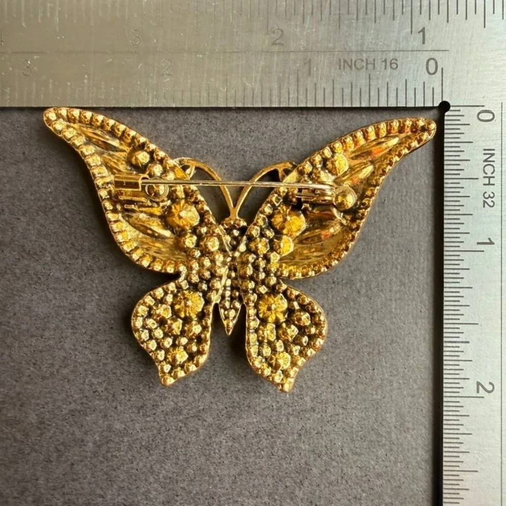 Pink Rhinestone Butterfly Brooch Pin AB Iridescent Gold Tone Statement Jewelry